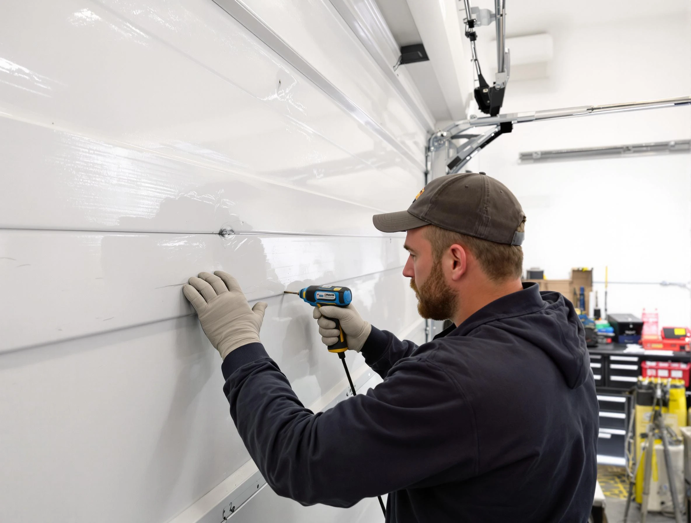 Phoenix Garage Door Repair technician demonstrating precision dent removal techniques on a Phoenix garage door